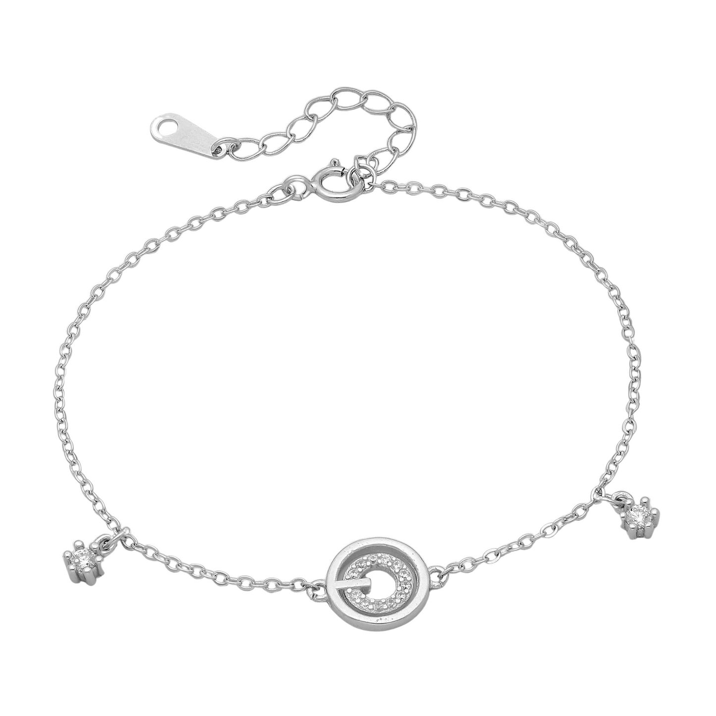 Rhodium-plated sterling silver open circle bracelet with pavé cubic zirconia and adjustable chain, minimalist women’s jewellery.