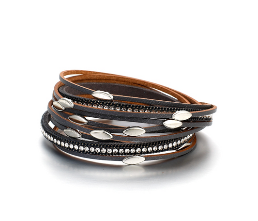 Black Silvertone Crystal Faux Leather Multi-strand Bracelet