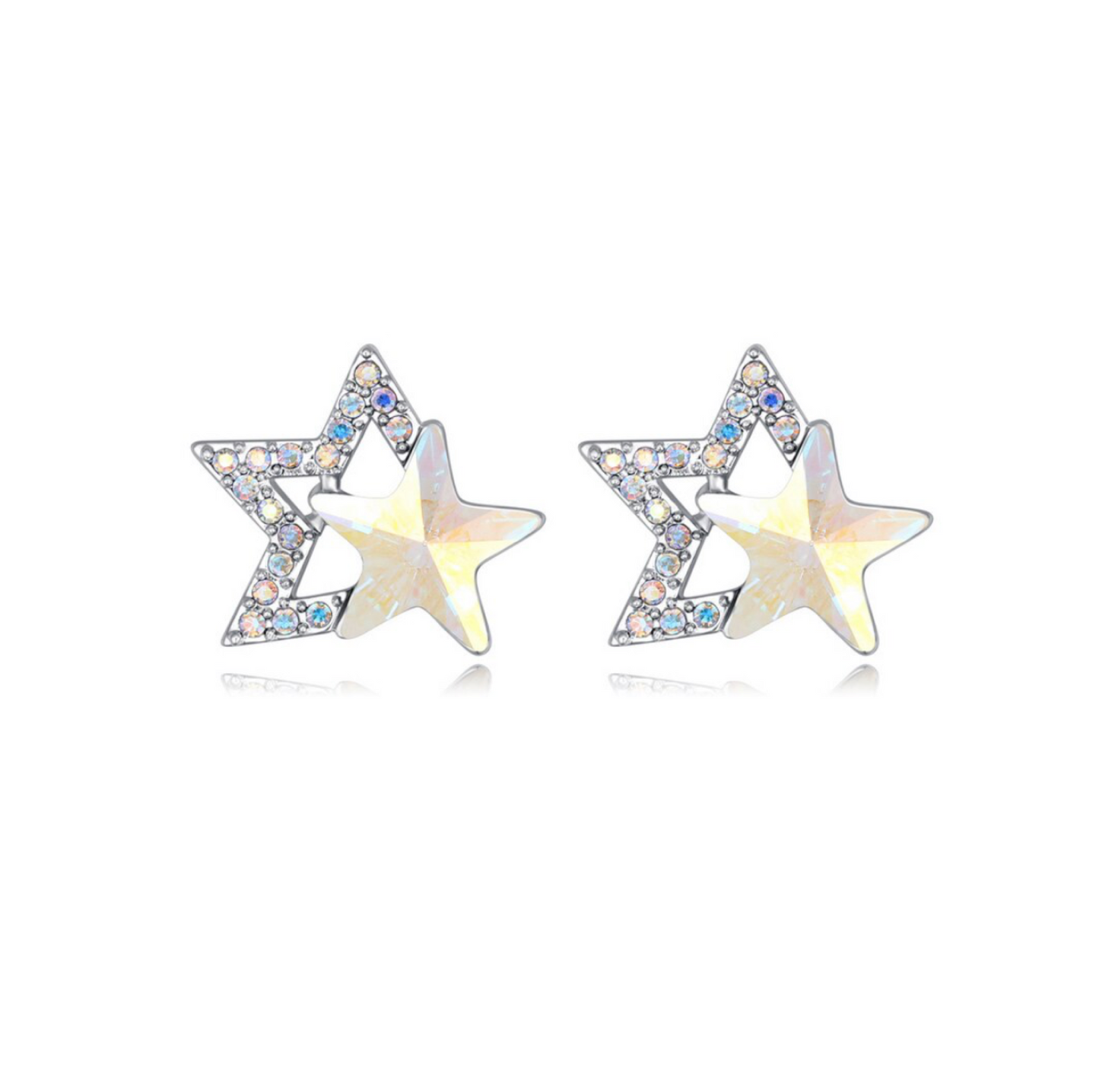 Silvertone Dual Star Stud Earrings with Swarovski Crystal