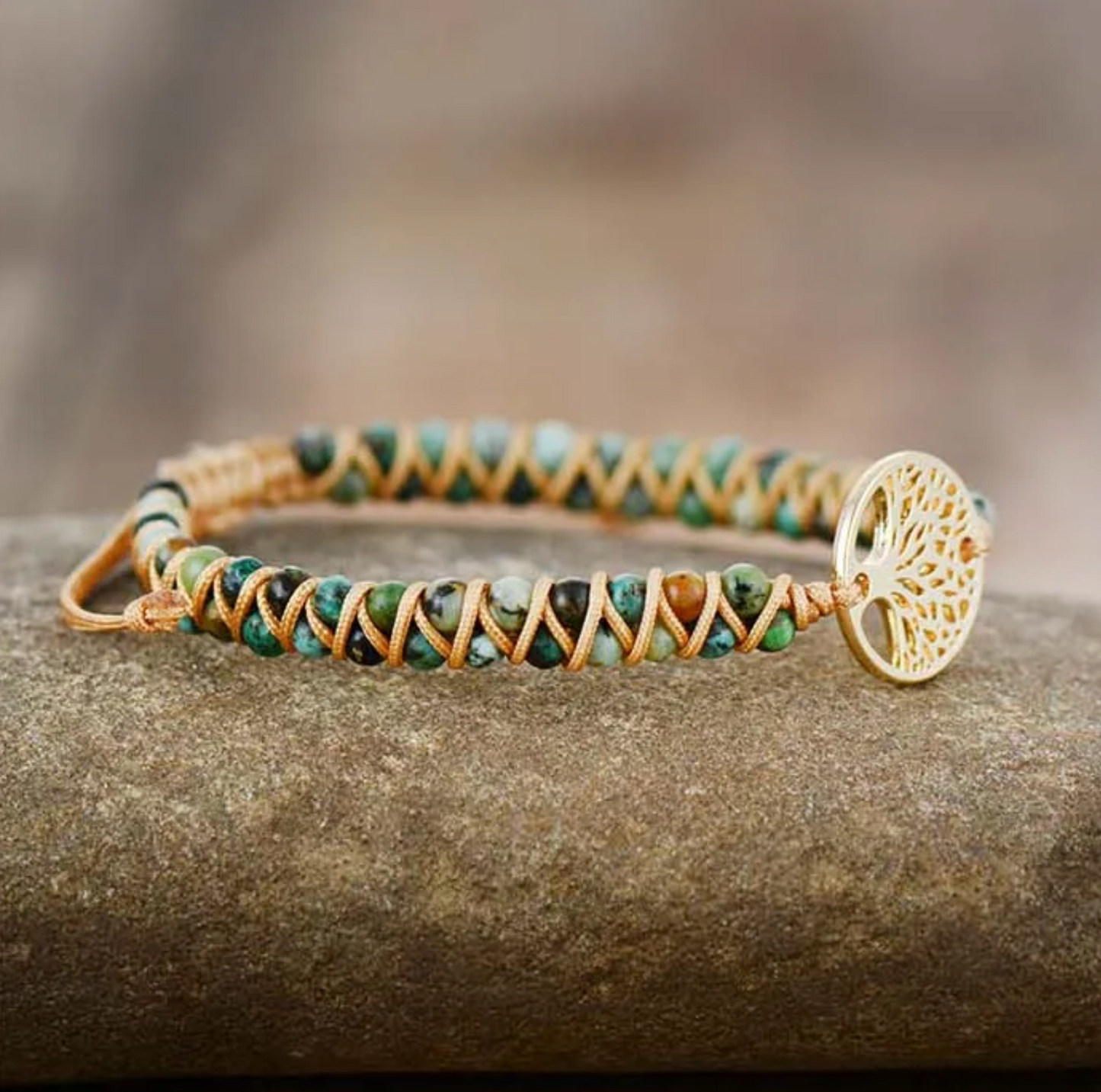 Goldtone Tree Of Life - African Jasper Beaded Bracelet