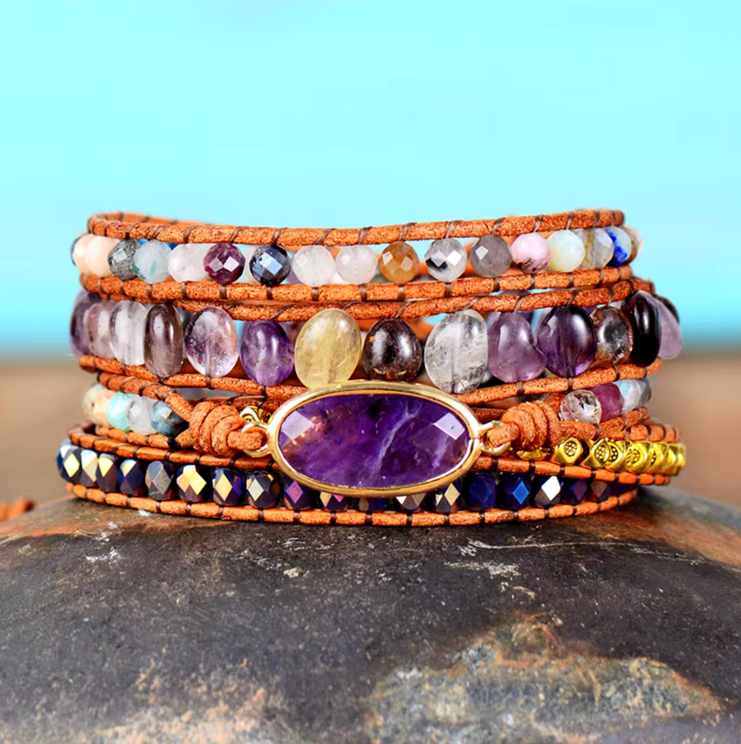 Amethyst Leather Handmade Beaded Wrap Bracelet