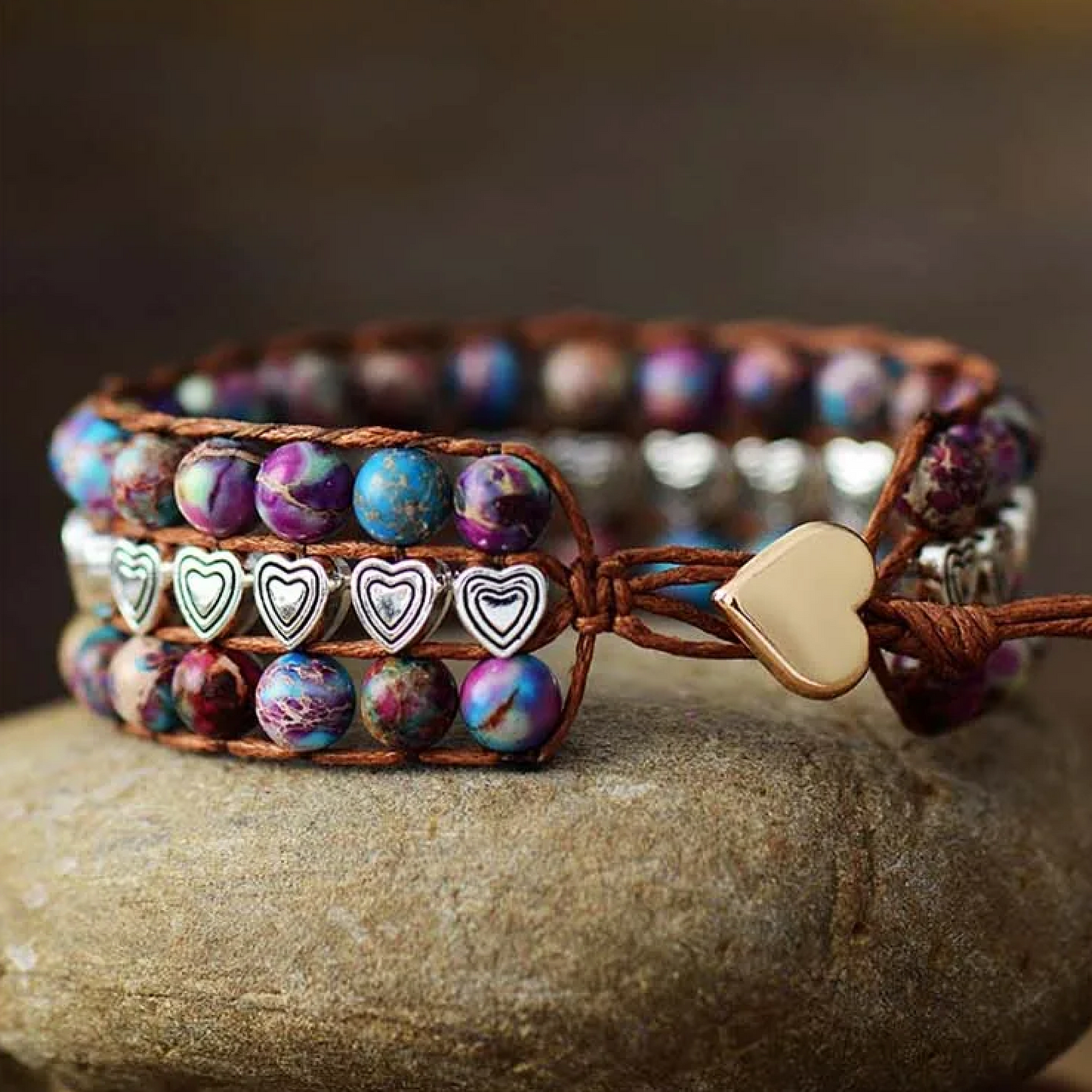 Multi Colored Jasper Beaded Heart Adjustable Bracelet