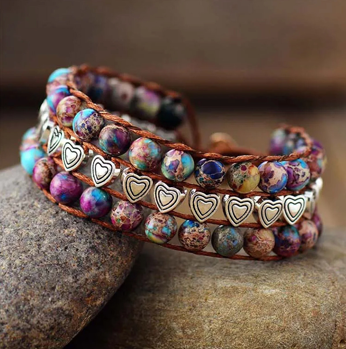 Multi Colored Jasper Beaded Heart Adjustable Bracelet