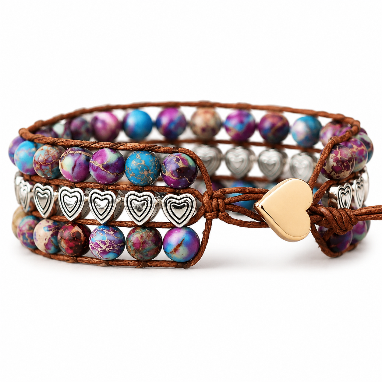 Multi Colored Jasper Beaded Heart Adjustable Bracelet