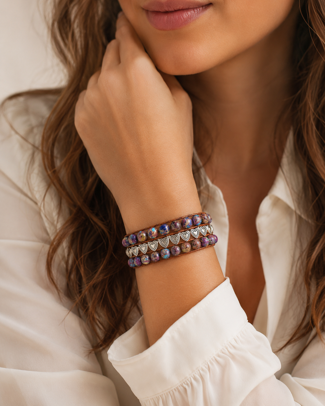 Multi Colored Jasper Beaded Heart Adjustable Bracelet