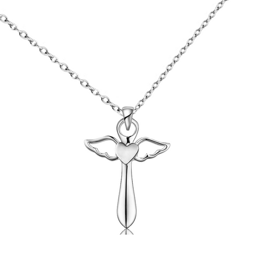 Sterling Silver Angel Wing Cross Pendant Necklace