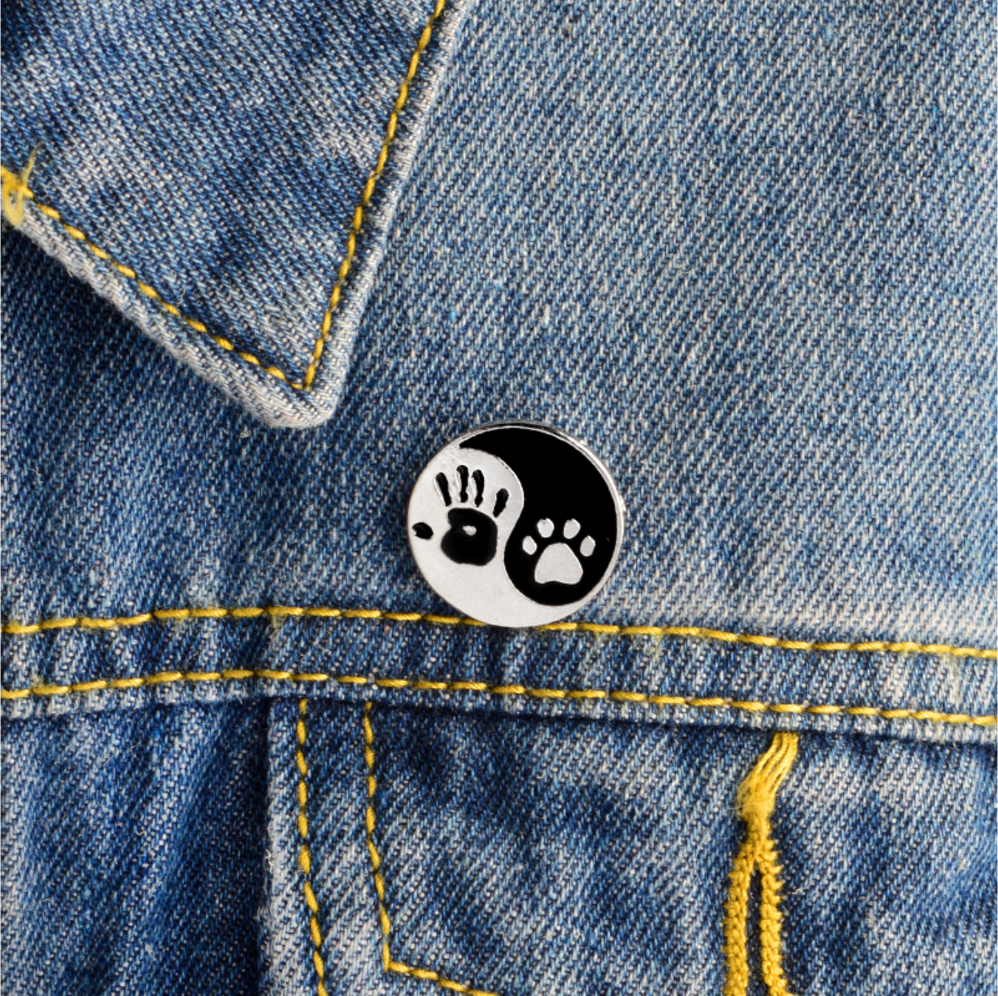 Silvertone Hand Paw Print Yin Yang Pin Brooch