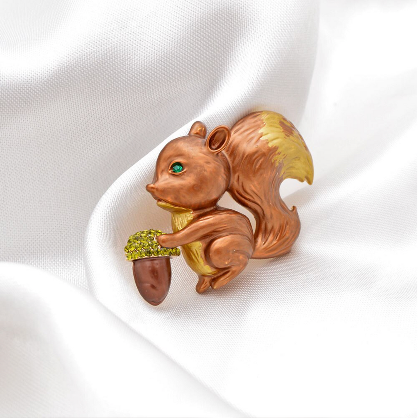 Green Crystal Goldtone Squirrel Acorn Brooch
