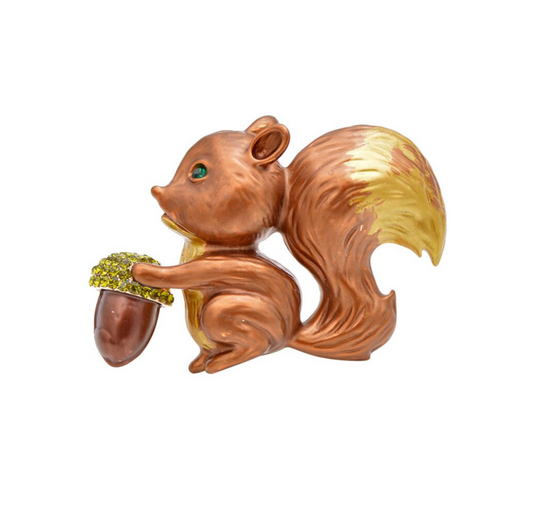 Green Crystal Goldtone Squirrel Acorn Brooch