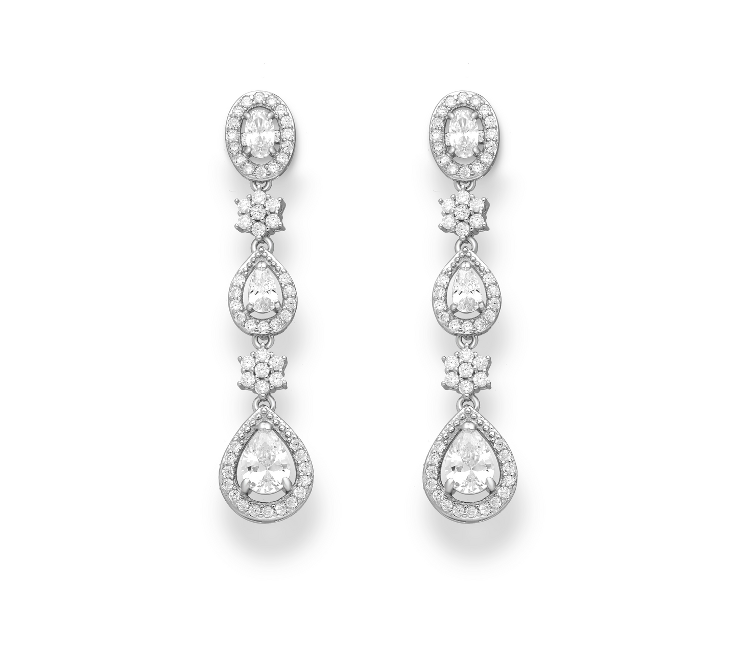 Sterling Silver Cubic Zirconia Teardrop And Floral Elegant Drop Earrings