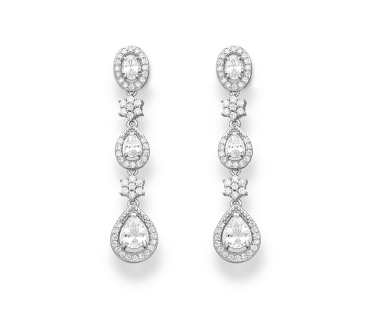 Sterling Silver Cubic Zirconia Teardrop And Floral Elegant Drop Earrings