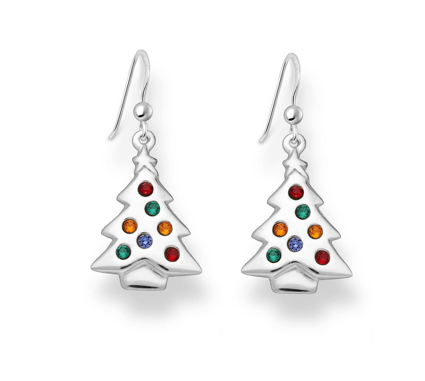 Sterling Silver Multi Colored Cubic Zirconia Christmas Tree Drop Earrings