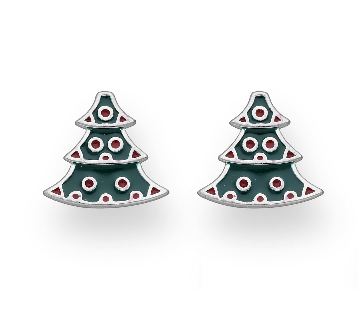 Sterling Silver Deep Green Red Christmas Tree Stud Earrings