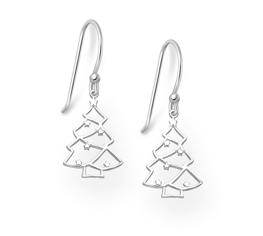 Sterling Silver Openwork Christmas Tree Drop Earrings