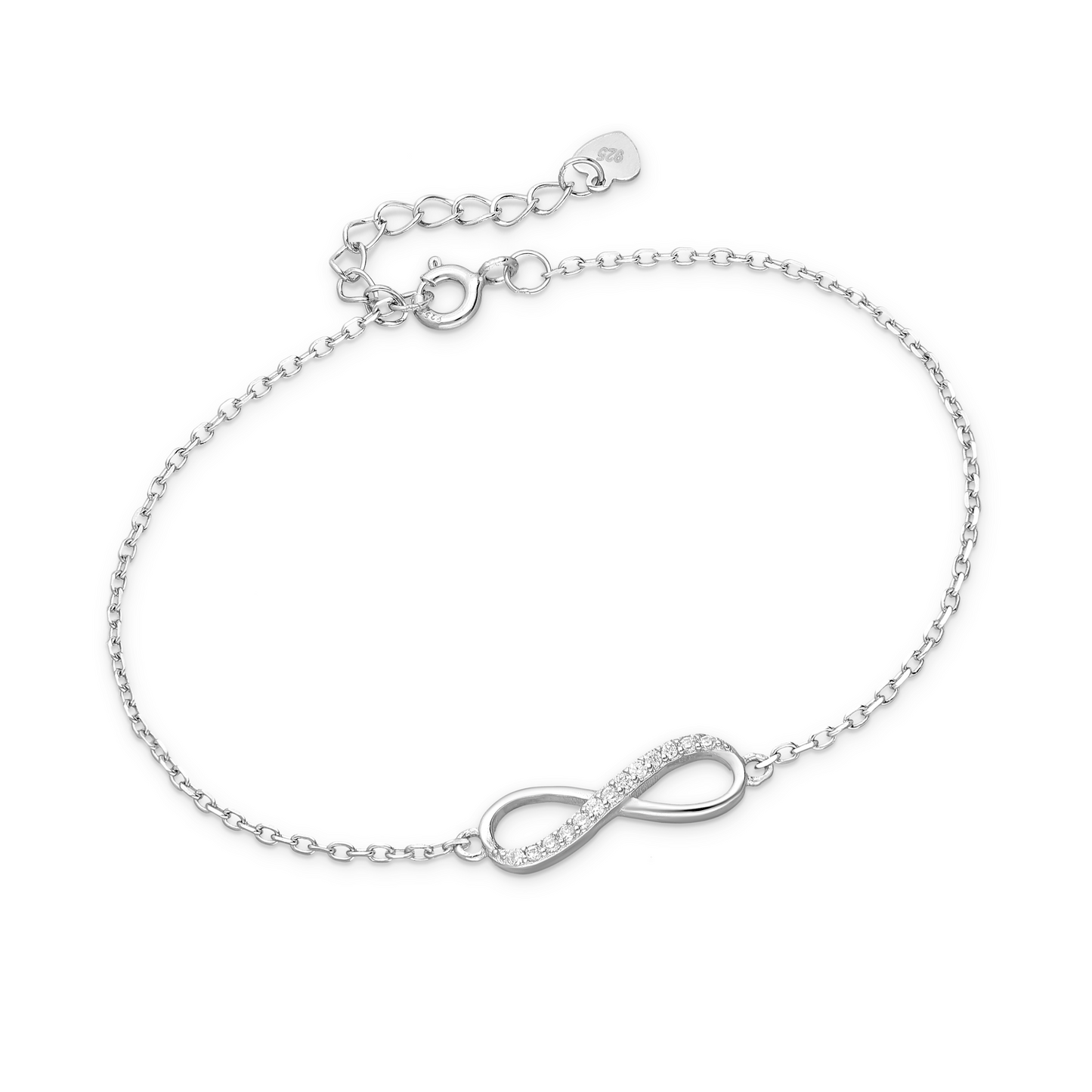 sterling silver infinity bracelet with pavé cubic zirconia on an adjustable rhodium-plated chain