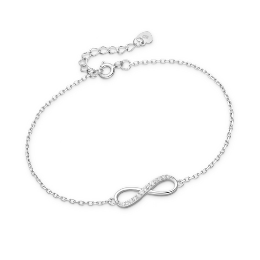 sterling silver infinity bracelet with pavé cubic zirconia on an adjustable rhodium-plated chain