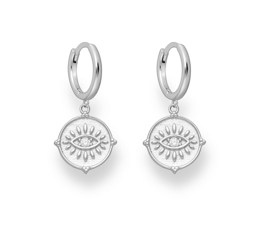 Sterling Silver Eye Charm Huggie Hoop Earrings