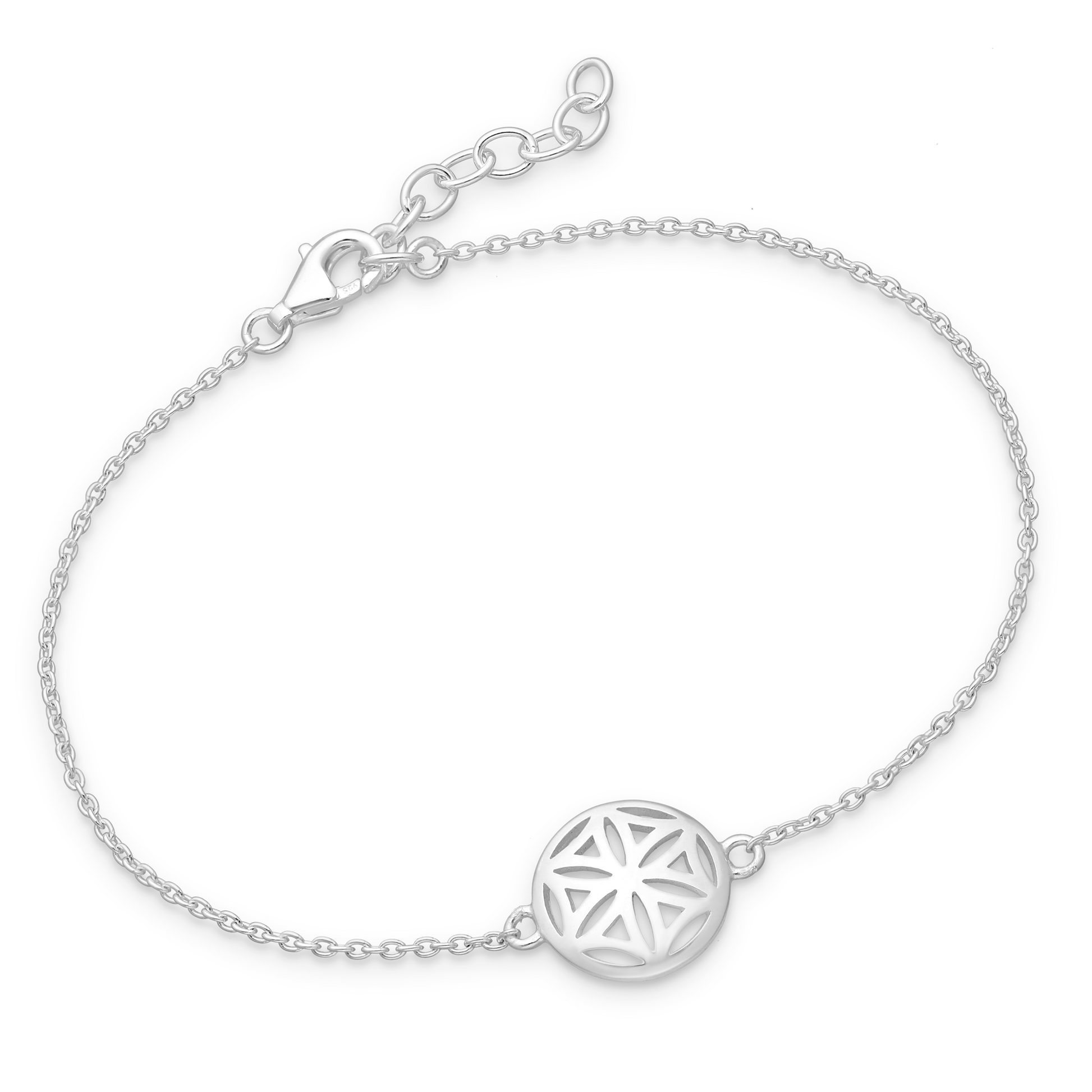 Sterling silver Flower of Life bracelet with polished openwork disc on an adjustable cable chain, minimalist women’s jewellery.