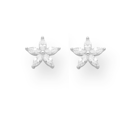 Sterling Silver & CZ Flower Stud Earrings