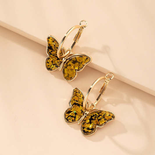 Goldtone Colored Crystal Hooped Butterfly Earrings