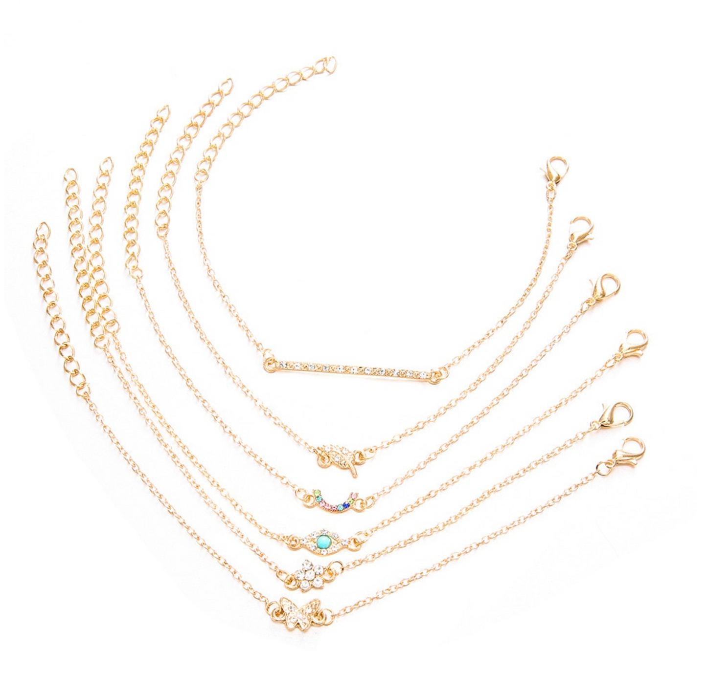 Goldtone & Dainty Crystal Set of 6 Charm Bracelets