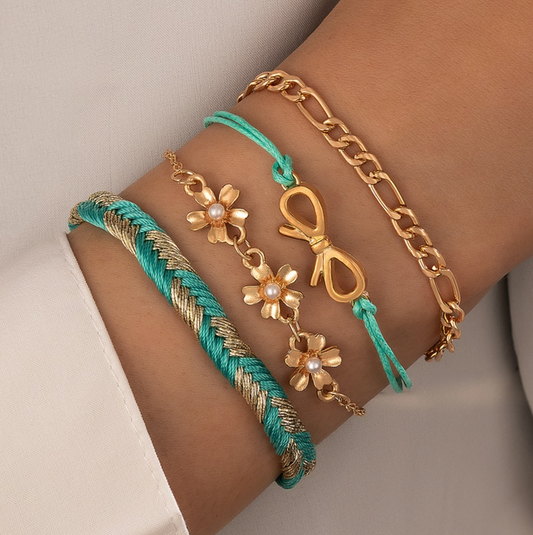 Goldtone & Turquoise Bracelet Flower and Bow Set of 4 Bracelets