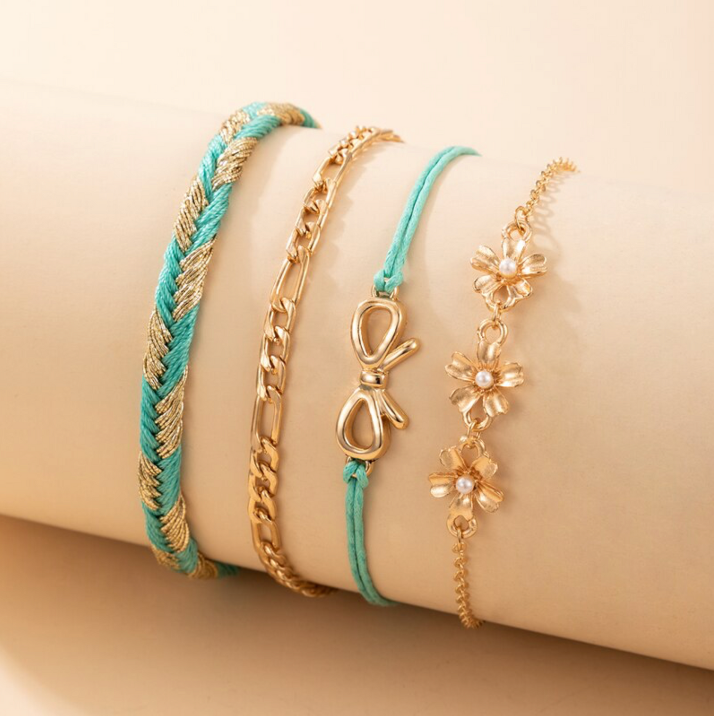 Goldtone & Turquoise Bracelet Flower and Bow Set of 4 Bracelets