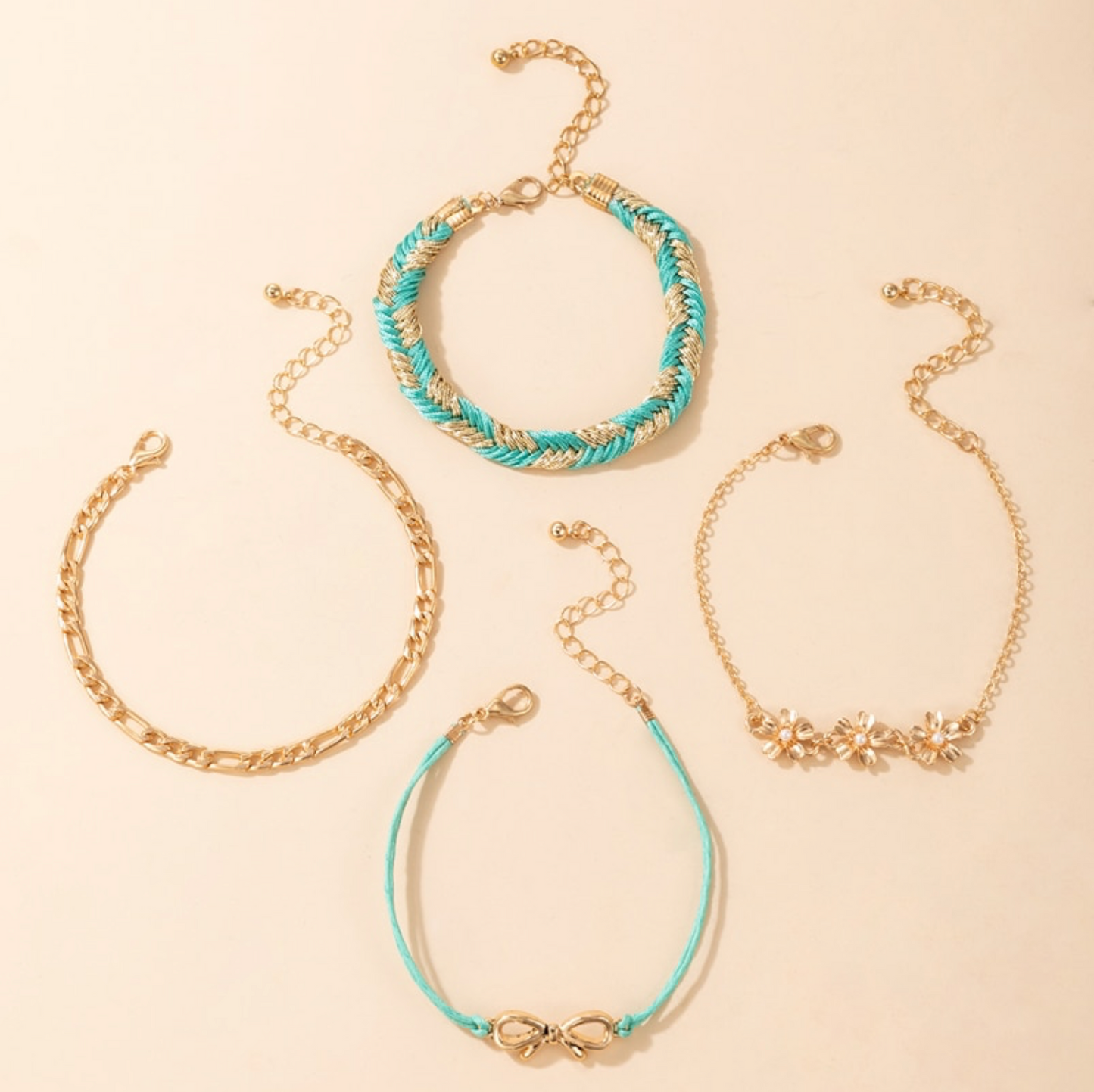 Goldtone & Turquoise Bracelet Flower and Bow Set of 4 Bracelets