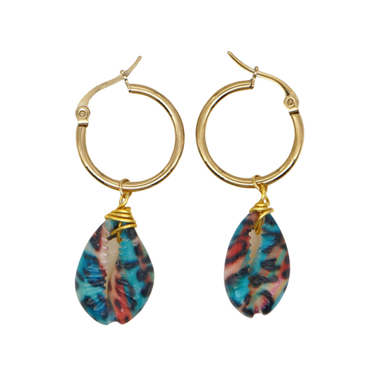 Goldtone Multi Colored Shell Hoop Earrings