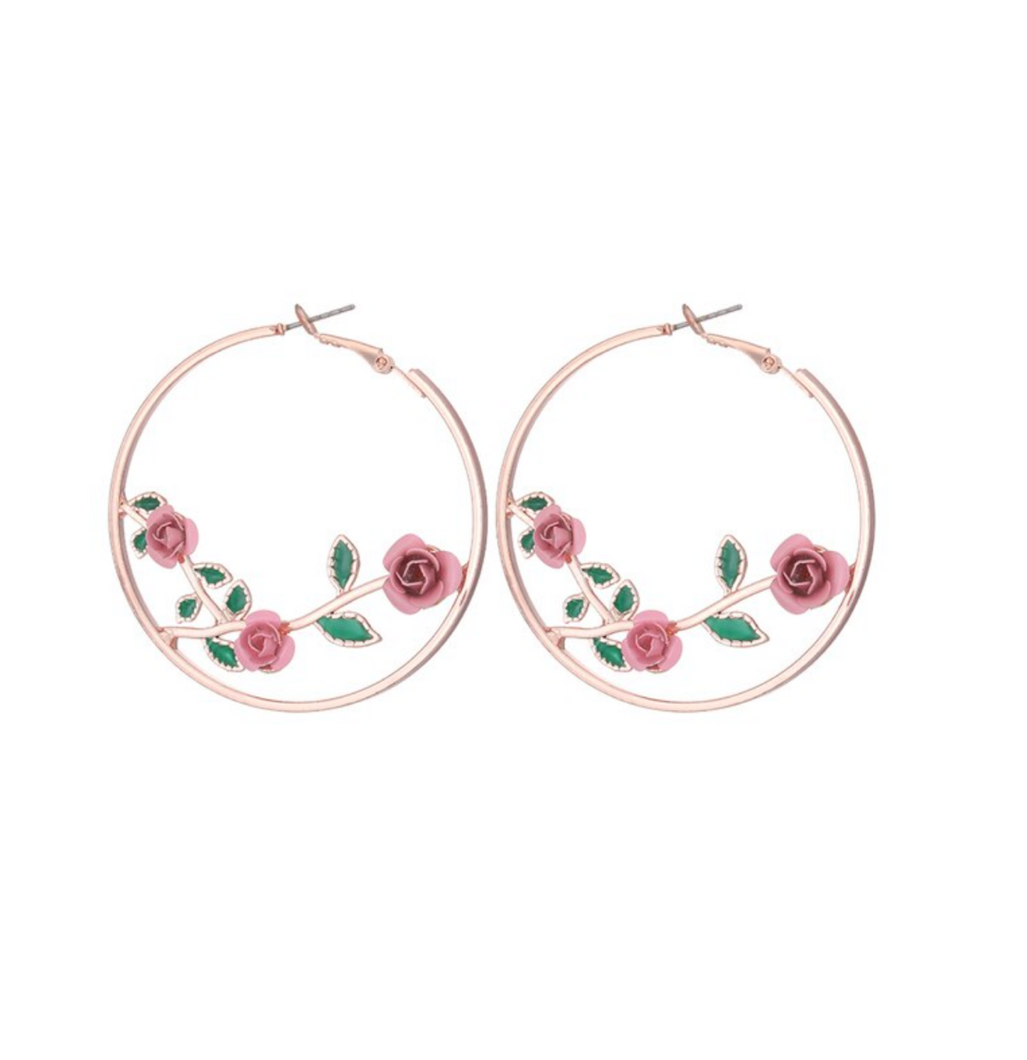 Rose Goldtone Pink Roses Hoop Earrings