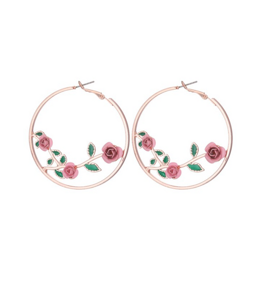 Rose Goldtone Pink Roses Hoop Earrings