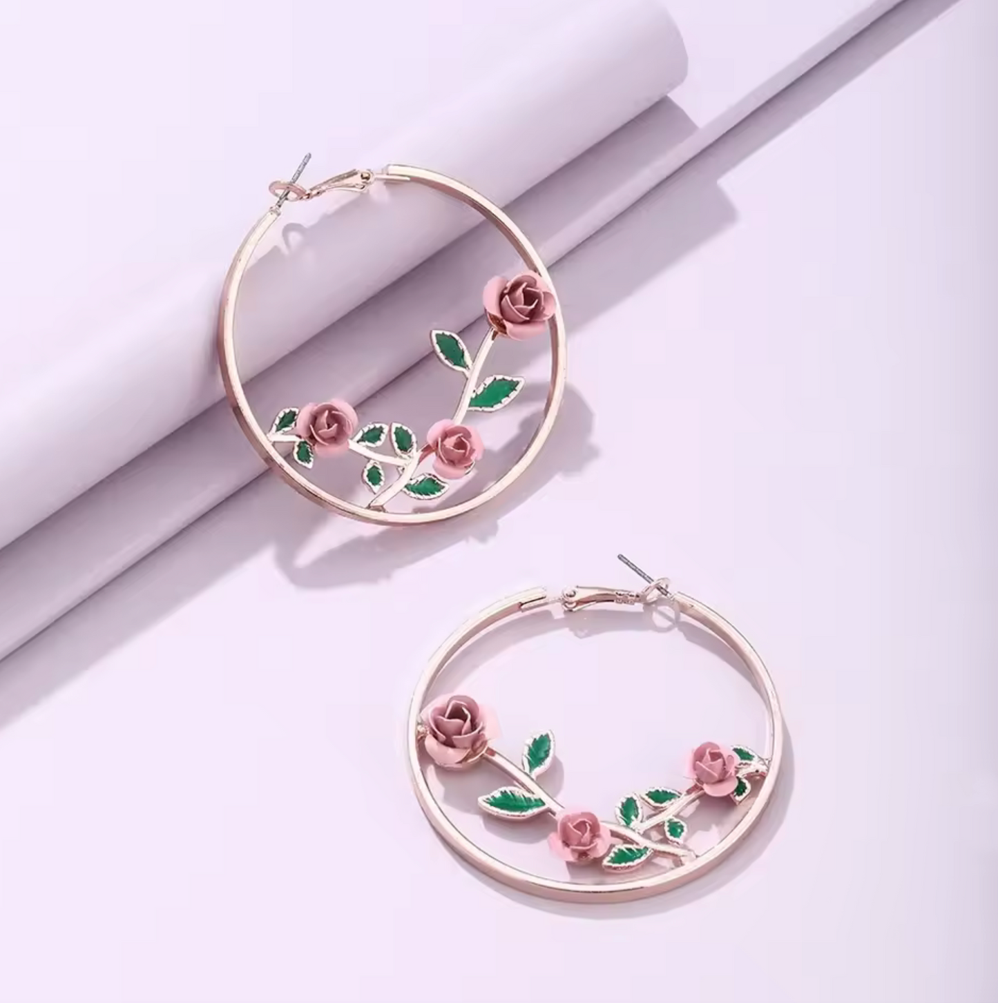 Rose Goldtone Pink Roses Hoop Earrings