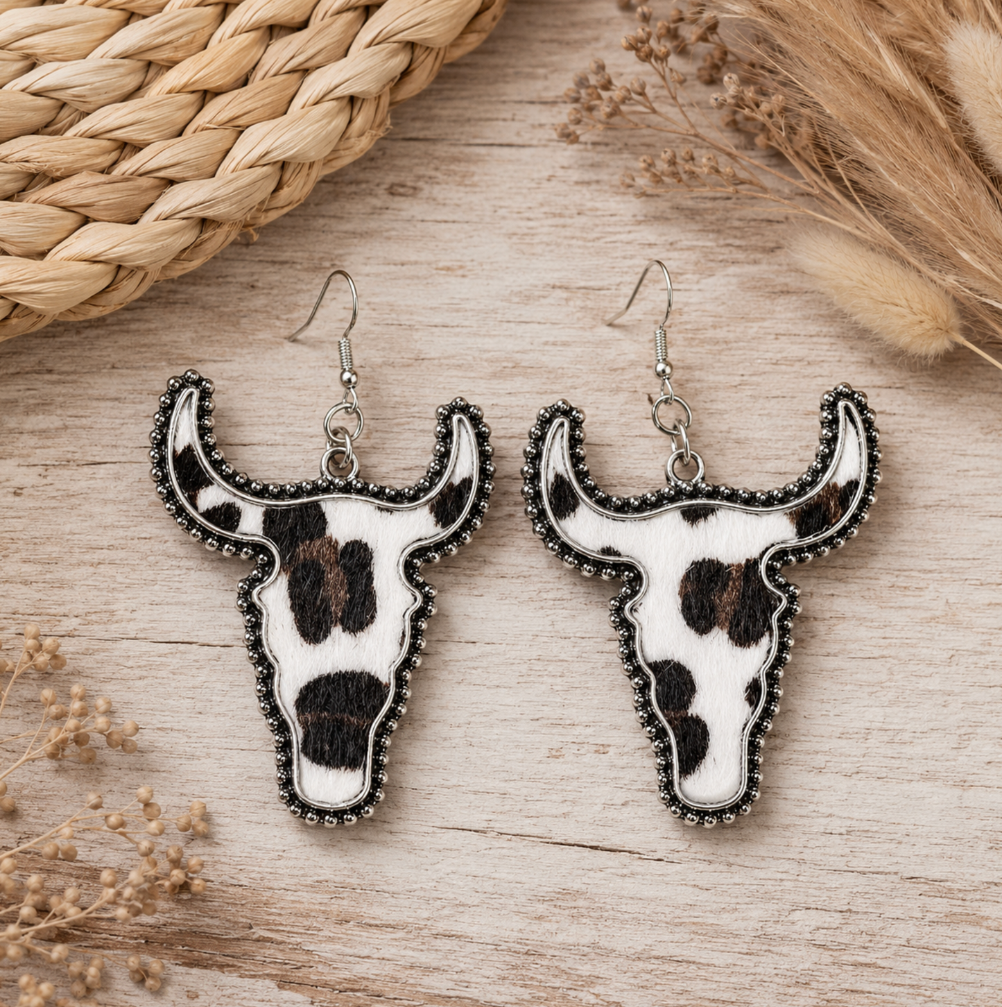 Silvertone Cow Print Longhorn Drop Earrings