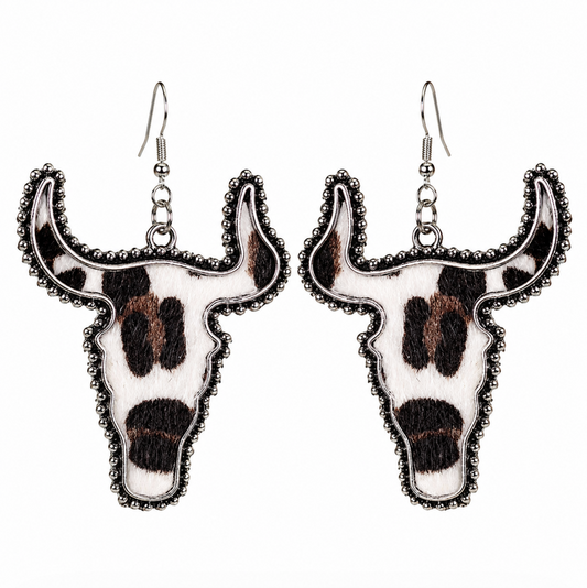 Silvertone Cow Print Longhorn Drop Earrings