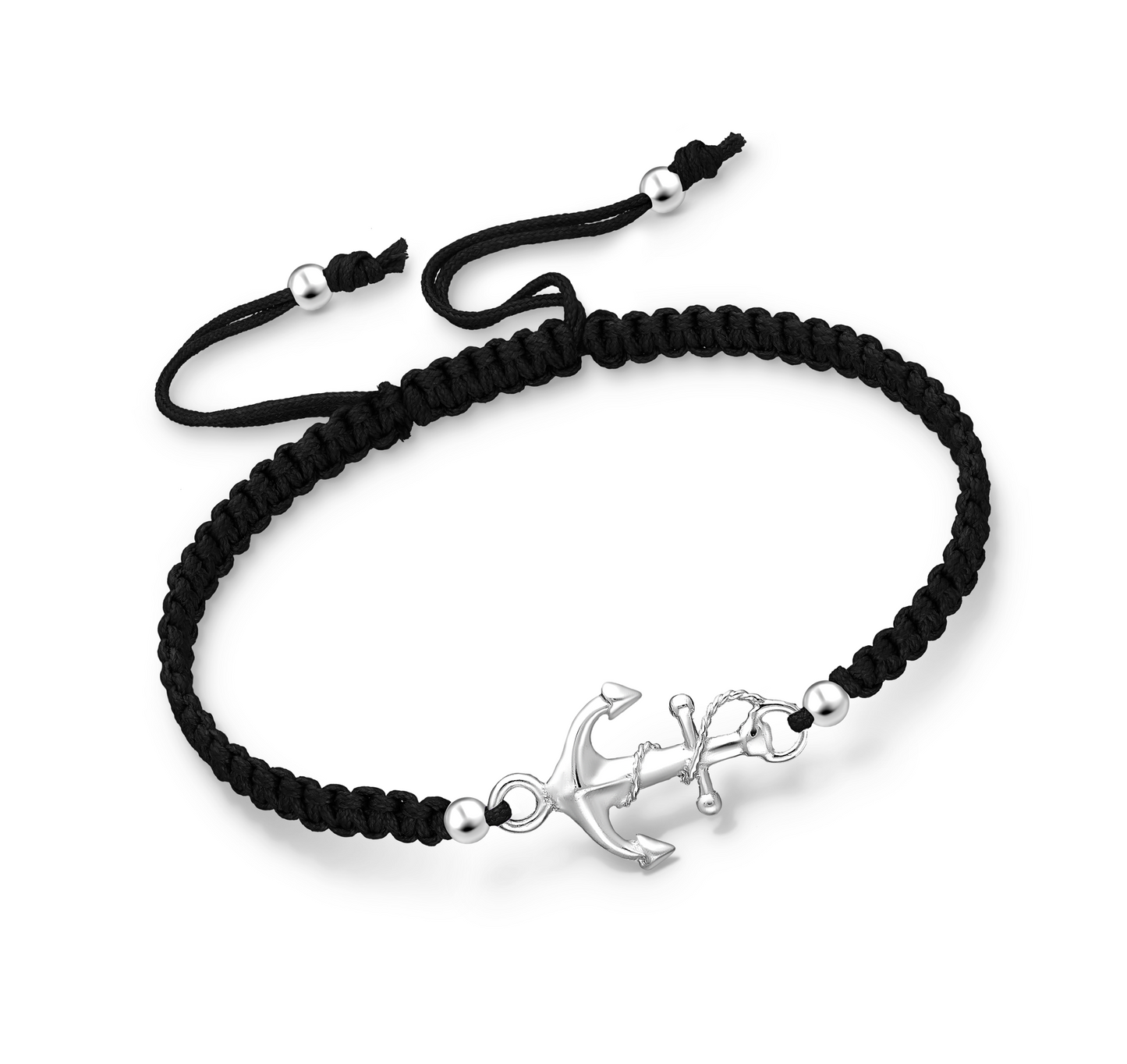 Sterling Silver Black Braided Anchor Adjustable Bracelet