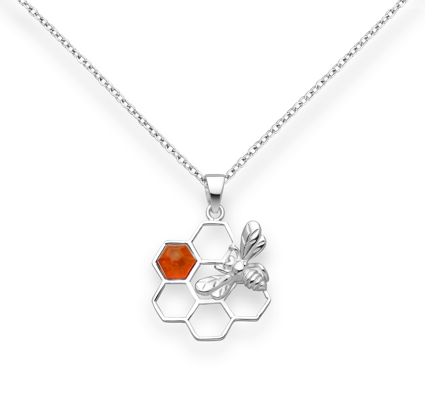 Baltic Amber & Sterling Silver Honeycomb & Bee Pendant Necklace