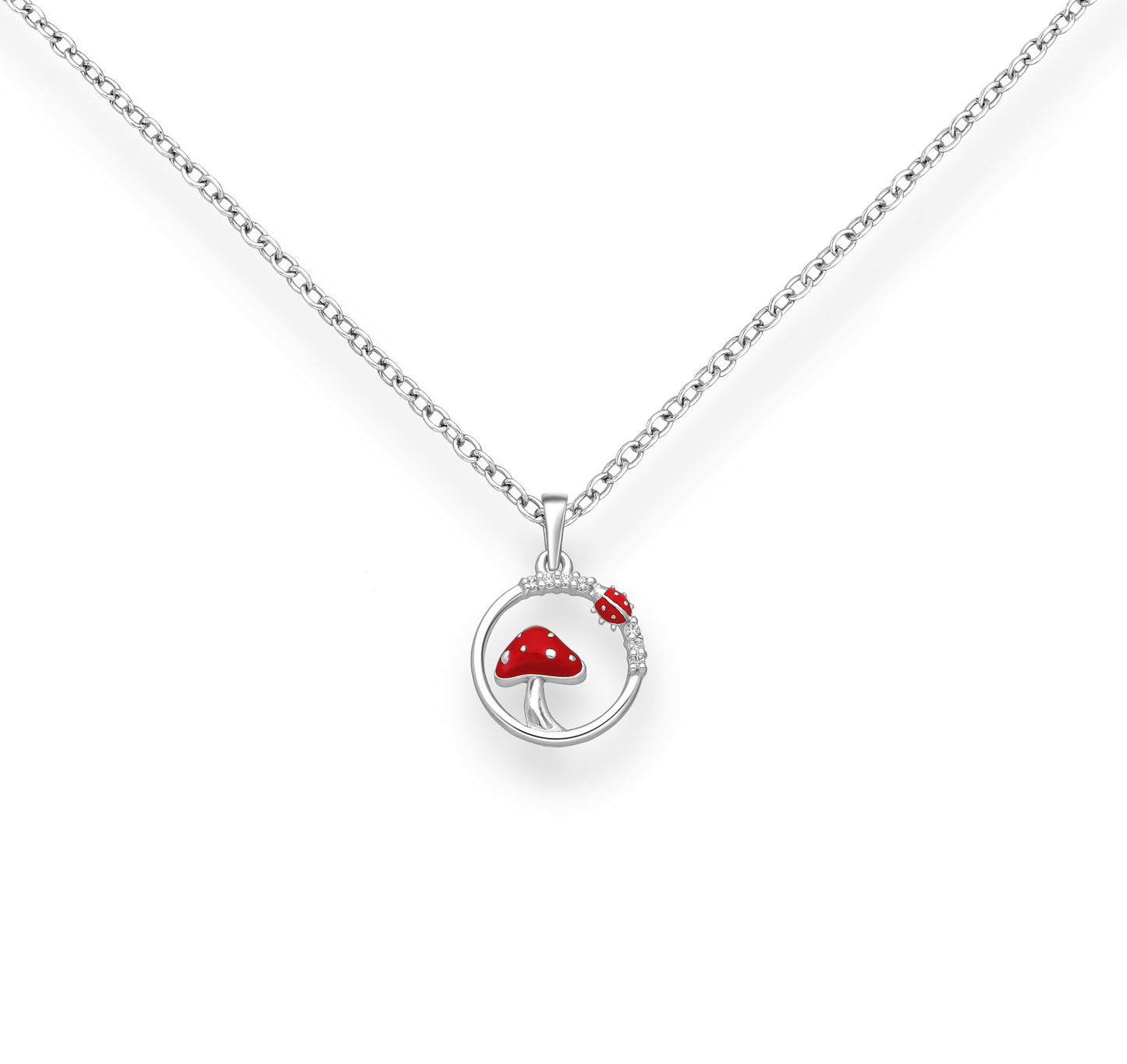 Sterling Silver Red Mushroom & Ladybug Pendant Necklace