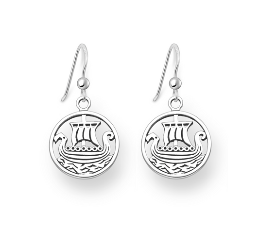 Sterling Silver Viking Boat Round Drop Earrings