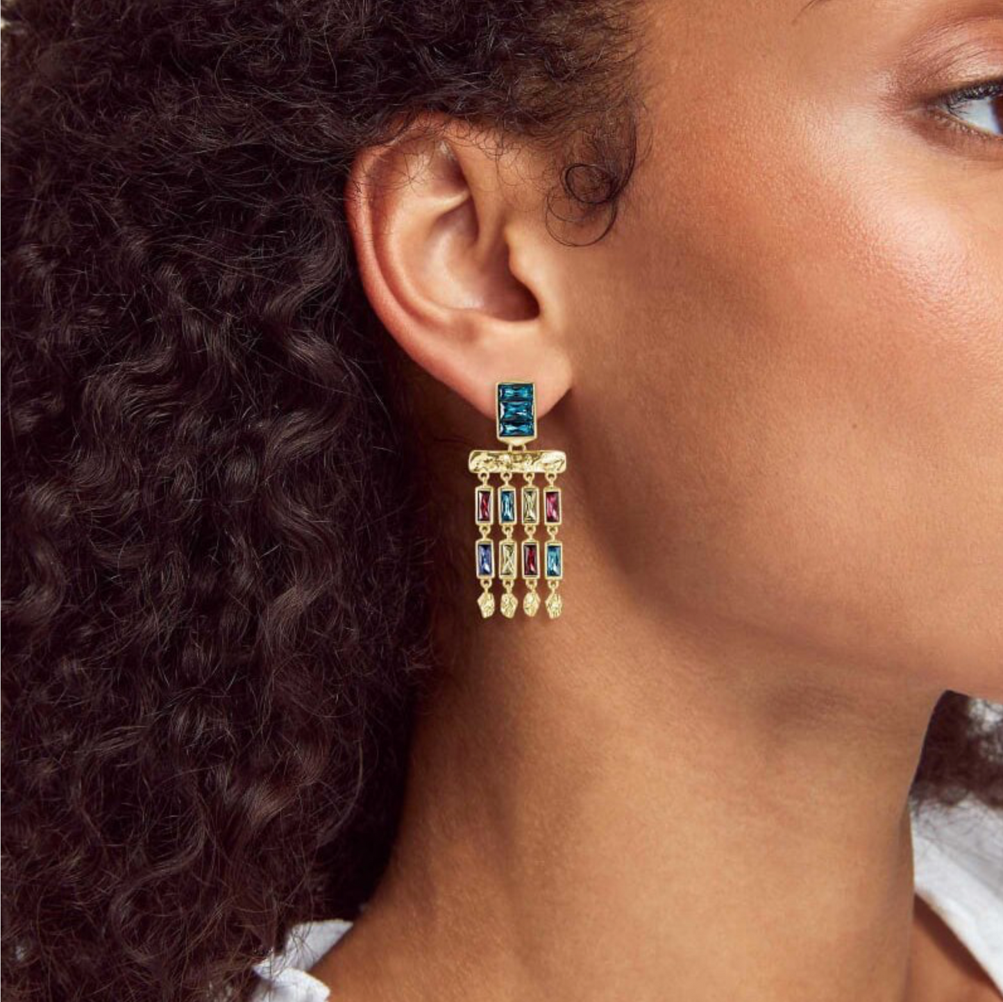 Blue & Multi Coloured Crystal Rectangular Drop Earrings