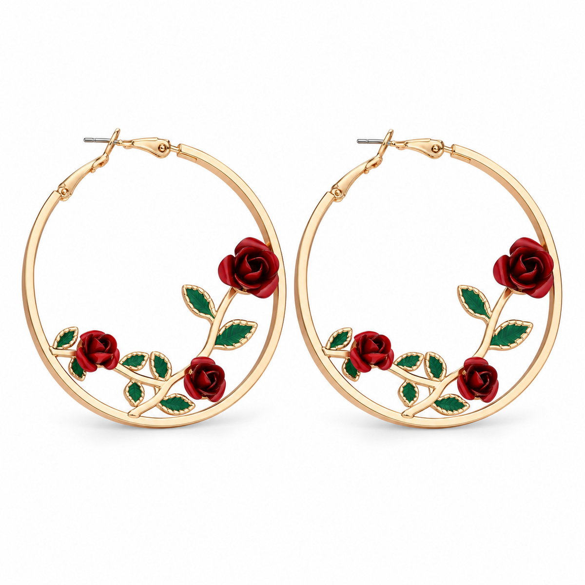 Goldtone Red Roses Hoop Earrings — alternate view, SKU 72822-7