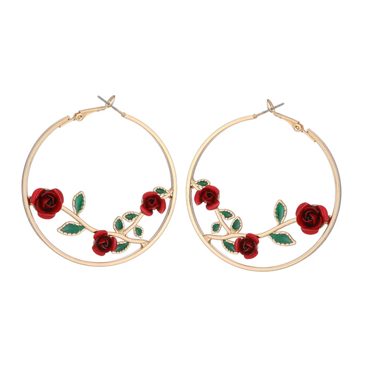 Goldtone Red Roses Hoop Earrings