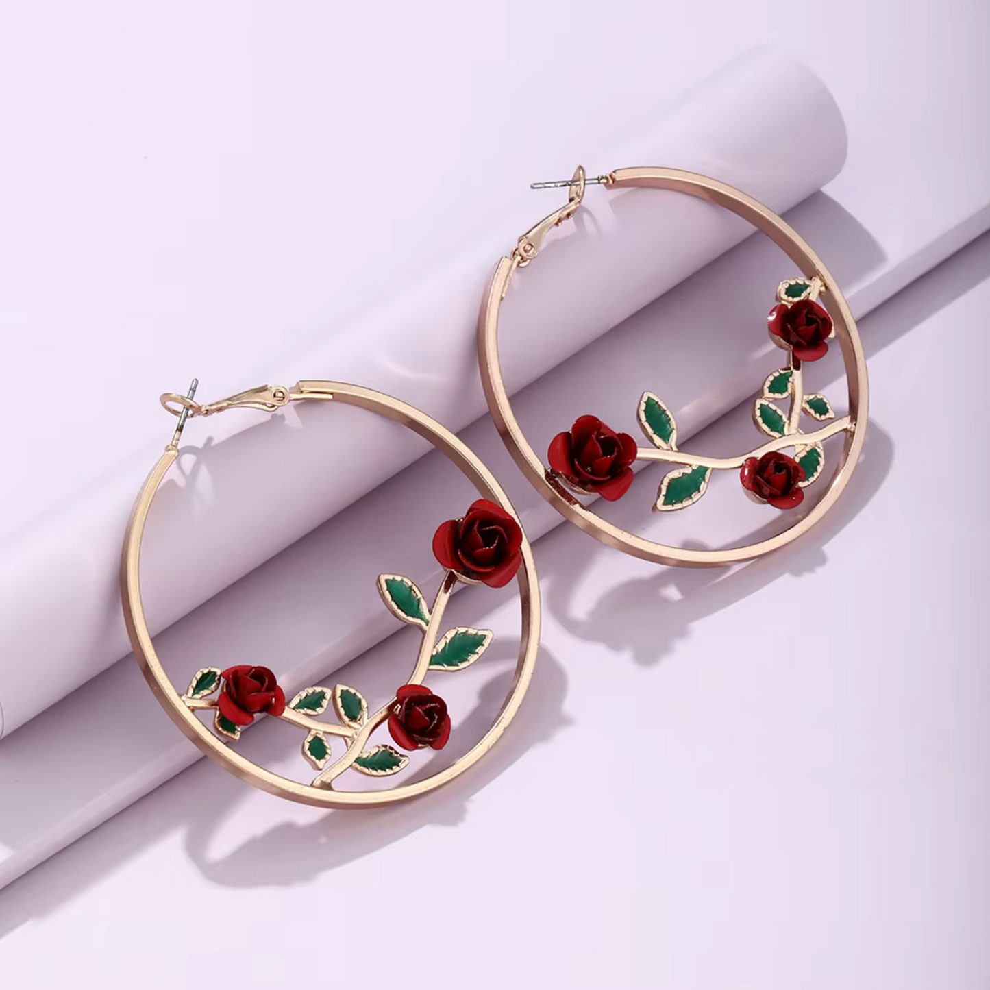 Goldtone Red Roses Hoop Earrings