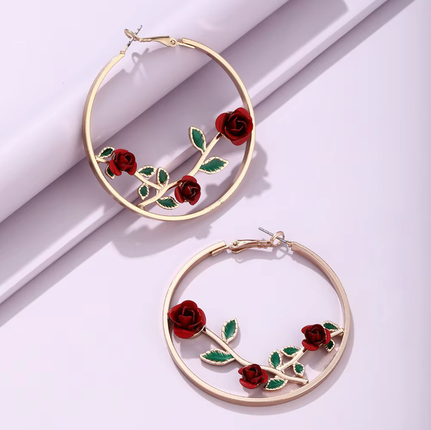 Goldtone Red Roses Hoop Earrings