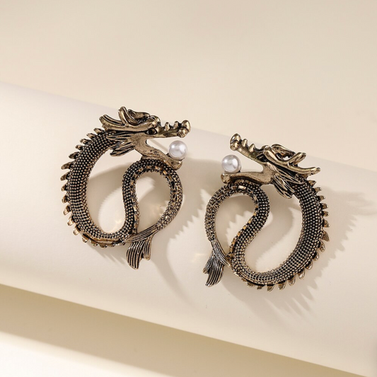 Brass Dragon With Imitation Pearl Stud Earrings