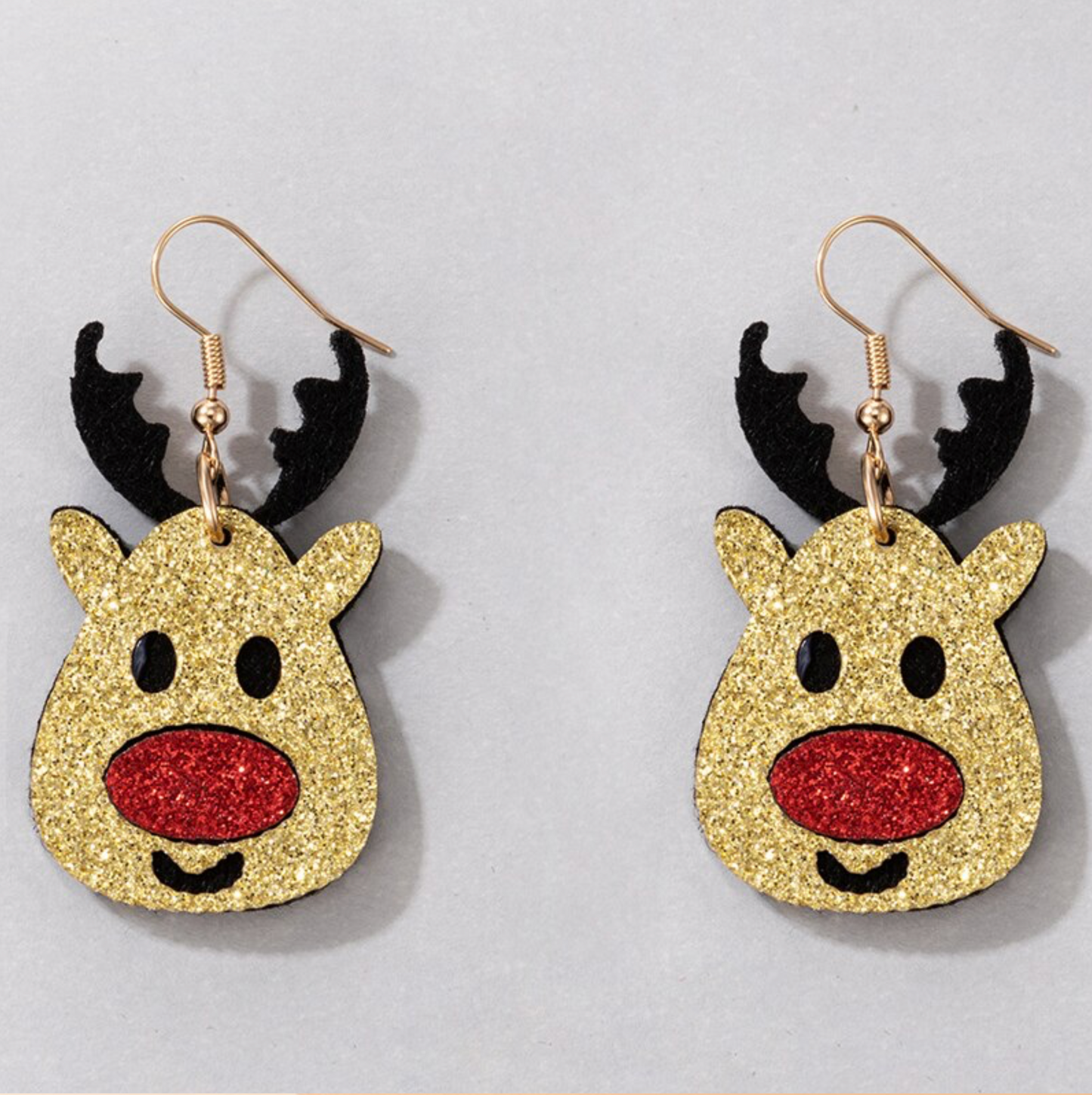 Tan & Red Glittering Reindeer Drop Earrings