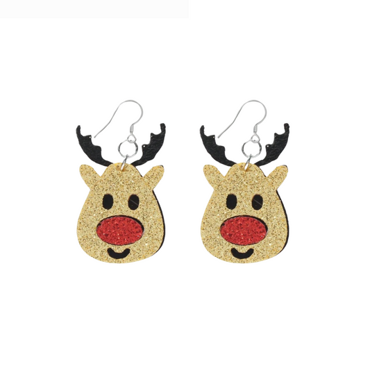 Tan & Red Glittering Reindeer Drop Earrings