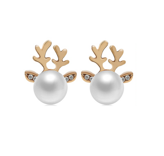 Goldtone & Imitation Pearl Deer Earrings