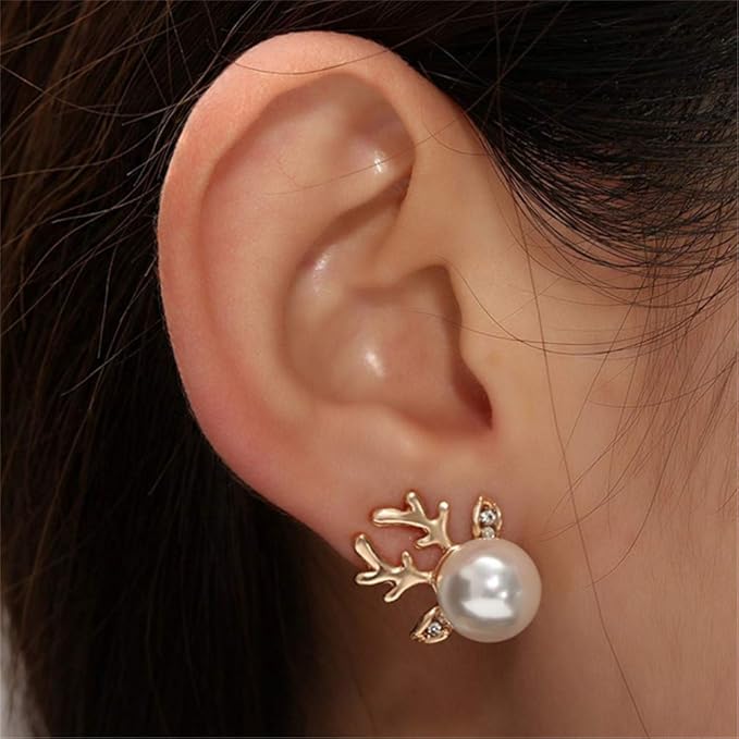 Goldtone & Imitation Pearl Deer Earrings