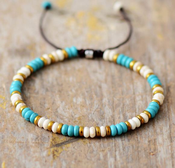 White, Turquoise & Goldtone Beaded Adjustable Bracelet