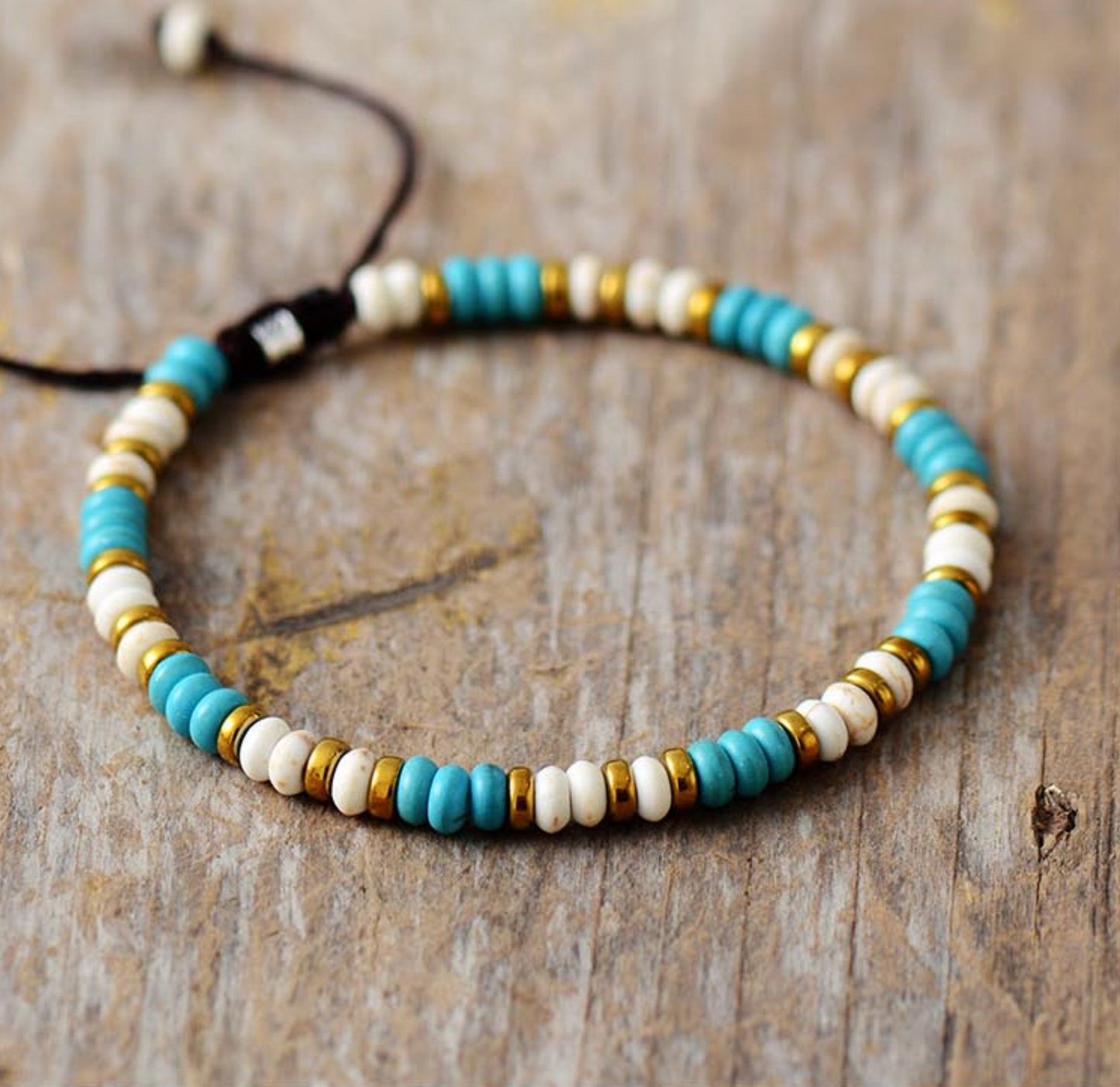 White, Turquoise & Goldtone Beaded Adjustable Bracelet